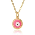 Detail of pink evil eye pendant with wavy gold edge and matching cross chain necklace - Pink