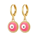 Detailed view of gold evil eye drop earrings with pink and white enamel charms - Rose Red
