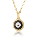 Macro shot of gold Evil Eye pendant necklace with blue enamel and braided metal frame - Black