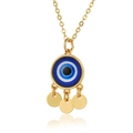 Detailed view of golden evil eye necklace with three hanging discs and blue center - Blue