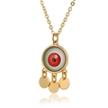 Detailed close-up of gold geometric evil eye pendant with red iris and three dangling charms - Red