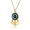 Detail view of gold evil eye pendant with blue iris and three hanging discs on white background - Cyan Blue