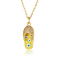 Detail of gold flip-flop pendant with green enamel, evil eye motifs and sparkling zircons - Yellow Green (D666-3)