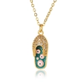 Detail of flip-flop pendant necklace with blue enamel evil eye and crystal zircon stones - Dark Green (D666-1)