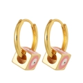 Gold square evil eye earrings with pink enamel cubic charms for women's fashion - Square Cube Evil Eye Style / Pink