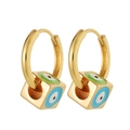 Detail of square gold earrings with enamel evil eye patterns on a white background - Square Cube Evil Eye Style / Colorful