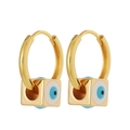 Detailed close-up of golden square Evil Eye drop earrings with blue enamel finish - Square Cube Evil Eye Style / White