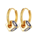 Detail of square gold evil eye charms on round hoop earrings with blue enamel - Square Cube Evil Eye Style / Dark Blue