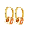 Detail of square Evil Eye charms on gold hoops featuring orange and white enamel accents - Square Cube Evil Eye Style / Orange