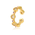 Detail of gold evil eye ear cuff with pink resin and sparkling zircon hexagons - Adjustable Open / Pink Style (J804-5)