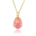 Detail of pink enamel egg pendant with small white zircon flowers on a gold chain - Pink