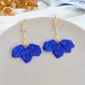 Artistic long flower drop earrings with golden hooks and matte royal blue petals - Deep Blue (A1153)