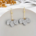Macro view of gold petal earrings with matte grey leaf pendants and 925 silver studs - Gray (A1166)