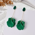 Detail of green floral drop earrings with layered petals and vintage resin texture - Dark Green