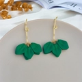Macro detail of long gold drop earrings featuring layered matte green flower petals - Frosted Green (A1162)