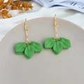 Detail shot of long gold earrings featuring layered green frosted leaf floral accents - Leaf Green (A1161)