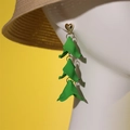 Long green leaf petal dangle earrings with golden heart studs on a white mannequin - Fruit Green (A1210)