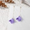 Elegant gold drop earrings with white pearls and a matte purple flower pendant - Purple