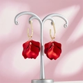 Vintage red flower petal drop earrings with gold geometric hooks on a jewelry stand - Red Style (A1167)