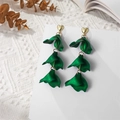 Detail of long forest green petal earrings with golden heart studs on white texture - Pearly Green (A1215)