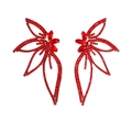 Detailed view of large red leaf earrings encrusted with sparkling rhinestones for women - Silver/Red Rhinestone (A1234)