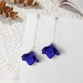 Elegant blue floral tassel earrings with gold chains and pearls on a white display card - Pearlescent Royal Blue