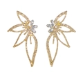 Detailed close-up of asymmetrical gold leaf earrings with sparkling micro-pave diamonds - Gold/White Rhinestone (A1228)
