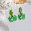 Vibrant green matte petal drop earrings with geometric studs and iridescent beads - Emerald Green Petal (A1311)