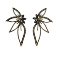 Detailed view of leaf earrings with black rhinestones and golden metal edging design - Gold/Black Rhinestone (A1231)
