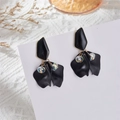 Detail of black matte flower petal earrings with faceted colorful crystal bead accents - Black Petal (A1314)