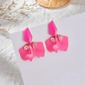 Macro detail of vibrant matte pink petal earrings with gold finish and iridescent beads - Rose Red Petal (A1307)