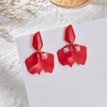 Detail of red petal earrings with gold edges and iridescent beads on white lace - Bright Red Style (A1305)