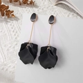 Elegant long gold drop earrings featuring matte black 3D flower petals for women - Black (A660)