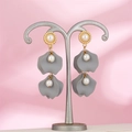 Detail of vintage gray petal drop earrings with white pearls on a metallic stand - Gray (A1391)