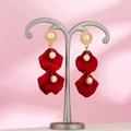 Retro long tassel earrings with red petals and pearls on a vintage metal stand - Dark Red (A1382)