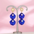 Retro long earrings with matte blue petals, pearls and gold loops on a jewelry stand - Dark Blue (A1385)