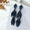 Detail of matte black multi-layered petal fringe earrings with gold metal accents - Black (A1430)