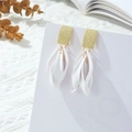 Detail of elegant gold rectangle studs with layered white resin petal tassel drop earrings - White Style (A1433)