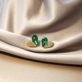 Gold heart stud earrings with emerald zircon and pavé crystals on silk background - Emerald Green Style (A1459)