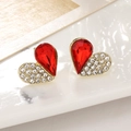 Detailed close-up of heart stud earrings with red pear-cut stone and micro-pave crystals - Red Style (A1478)