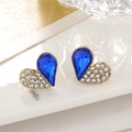 Elegant heart-shaped blue gemstone stud earrings with white rhinestones on gold base - Sapphire Blue Style (A1475)