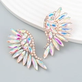 Detail view of colorful angel wing earrings with vibrant AB crystals and rose gold plating - Iridescent Wing Style (Style B Iridescent Rhinestone)