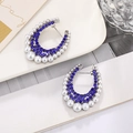 Chic silver geometric C-shaped earrings with navy blue rhinestones and white pearls - Silver Base Blue Stone