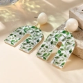 Detail of U-shaped acrylic earrings with green leaf pattern and white marble texture - White Marble Texture U-shaped Green Leaf (A162)