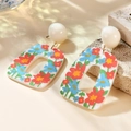 Retro floral print acrylic rectangular drop earrings for women with white stud detail - White Hollow Rectangular Retro Floral (A161)