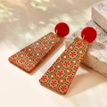 Detail of bohemian acrylic earrings featuring colorful floral patterns and red studs - Red Round Long Rectangular Floral (A163)