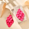 Chic bohemian matte rose pink layered petal tassel drop earrings on stone background - Rose Red (A1600)