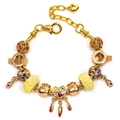 Golden snake chain bracelet with fortune pouches and colorful heart feather charms - 16cm / Style 001