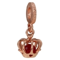 Rose gold crown charm with faceted red gemstone and heart-shaped cutout details - Rose Gold Red Ruby Crown Charm (038)