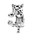 Silver leopard charm bead with black enamel spots and sparkling cubic zirconia eyes - Leopard (003)